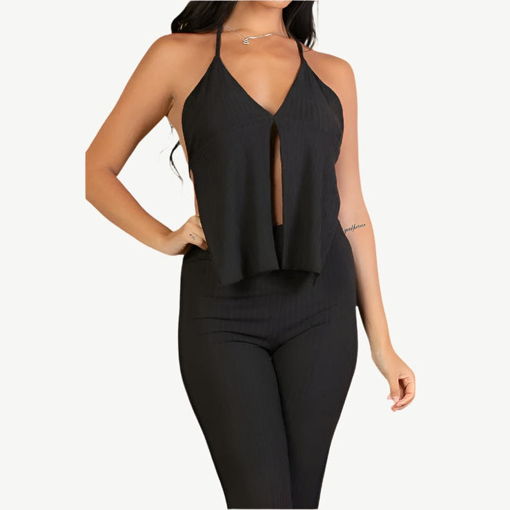 Split Front Backless Halter Top & Flare Pants Set