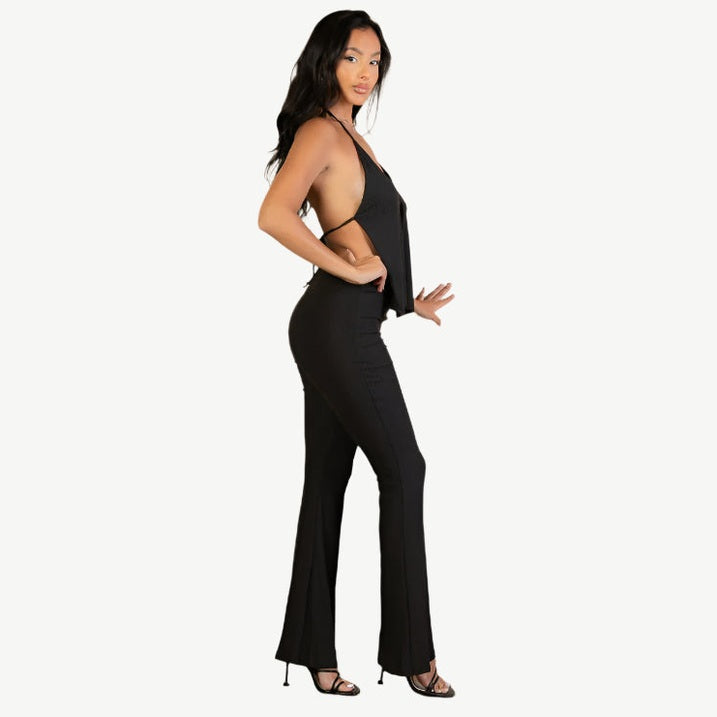 Split Front Backless Halter Top & Flare Pants Set