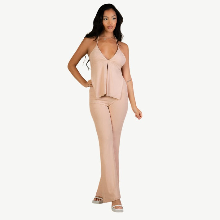 Split Front Backless Halter Top & Flare Pants Set