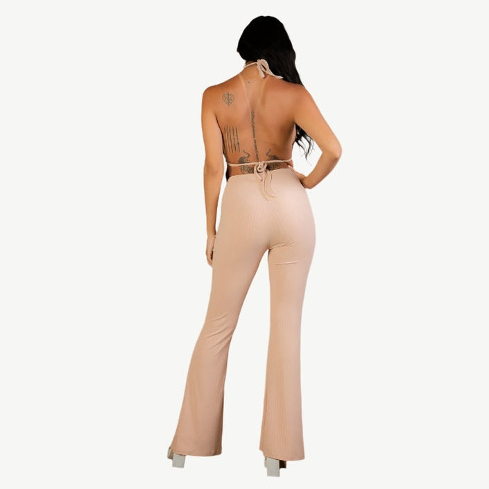 Split Front Backless Halter Top & Flare Pants Set