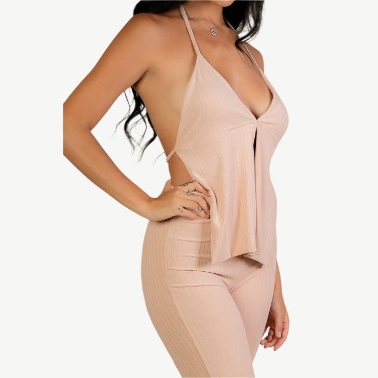 Split Front Backless Halter Top & Flare Pants Set