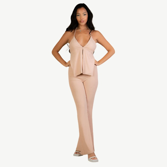Split Front Backless Halter Top & Flare Pants Set
