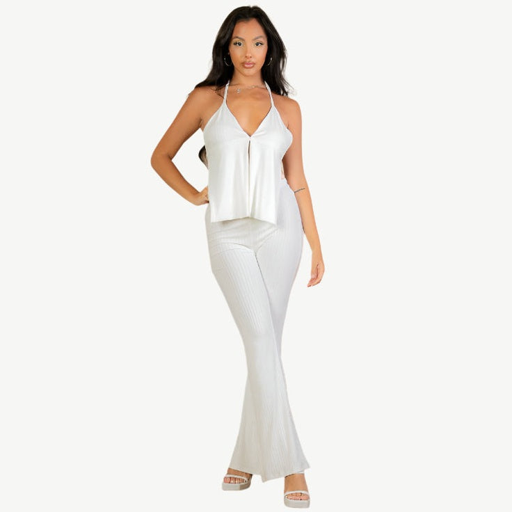 Split Front Backless Halter Top & Flare Pants Set
