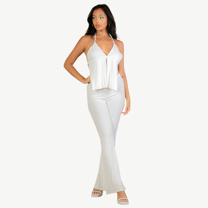 Split Front Backless Halter Top & Flare Pants Set