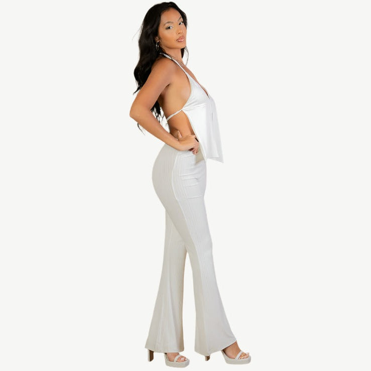 Split Front Backless Halter Top & Flare Pants Set