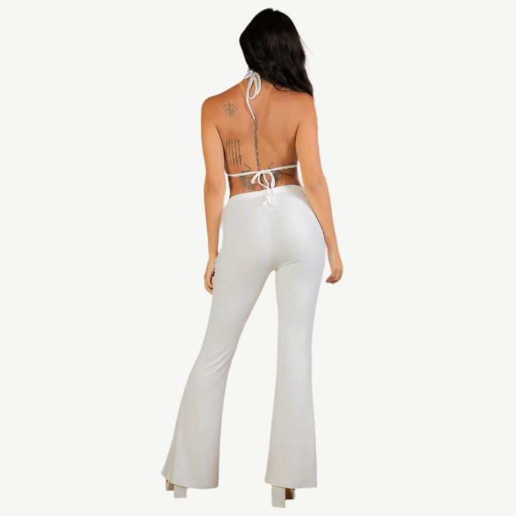 Split Front Backless Halter Top & Flare Pants Set