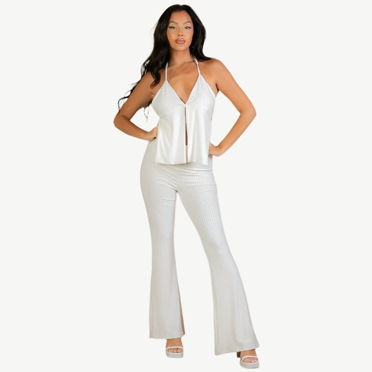 Split Front Backless Halter Top & Flare Pants Set