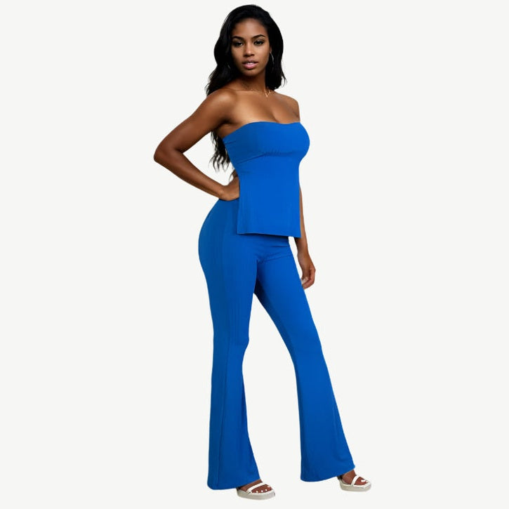 Ribbed Side Slit Bandeau Top & Flare Pants Set
