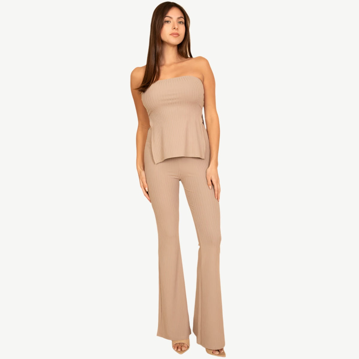 Ribbed Side Slit Bandeau Top & Flare Pants Set