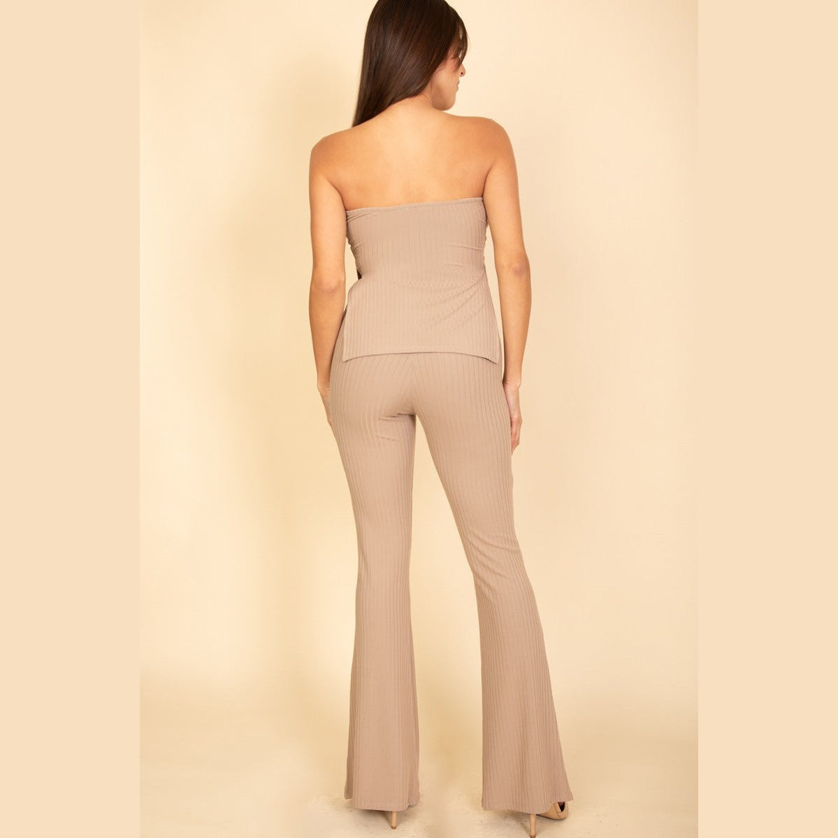 Ribbed Side Slit Bandeau Top & Flare Pants Set