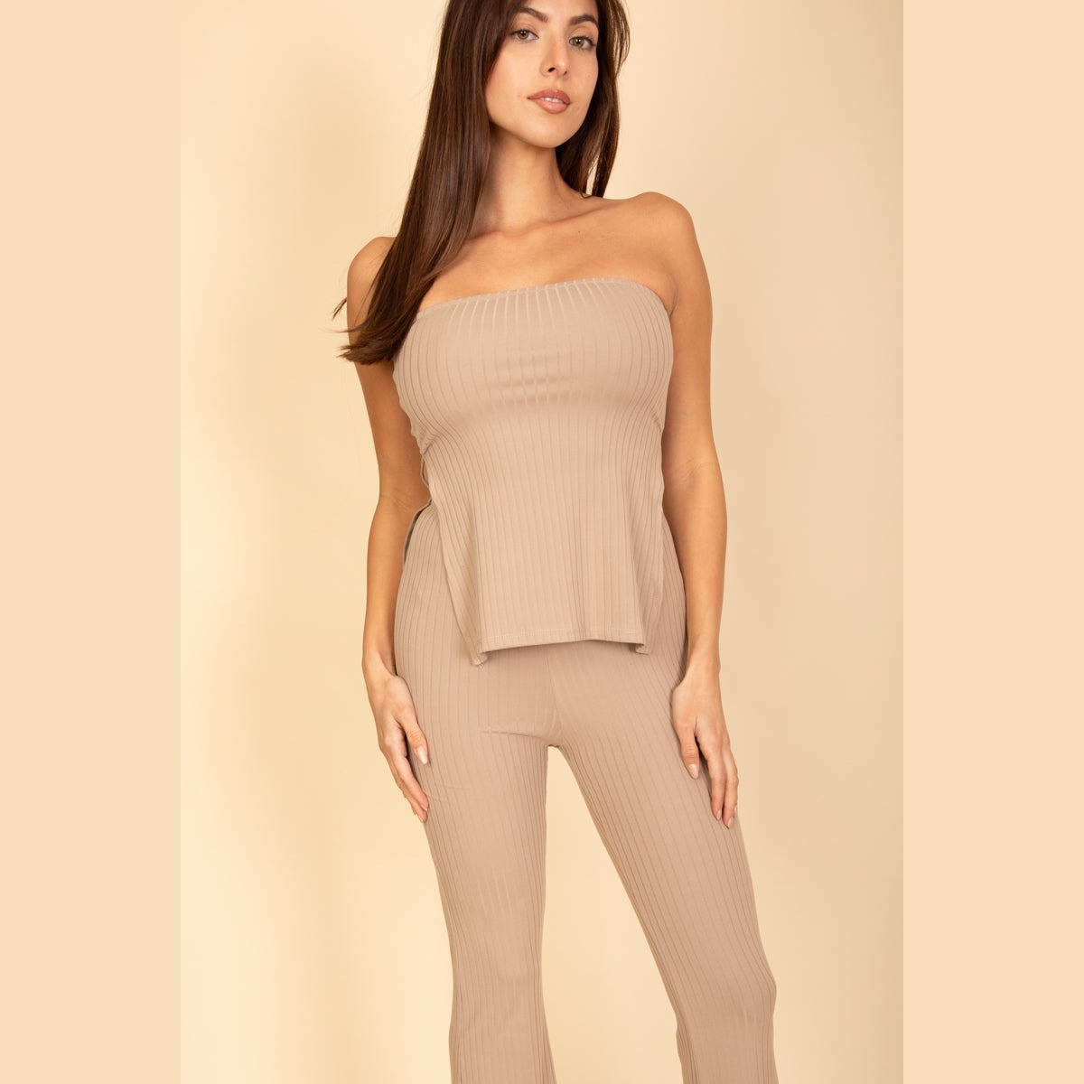Ribbed Side Slit Bandeau Top & Flare Pants Set