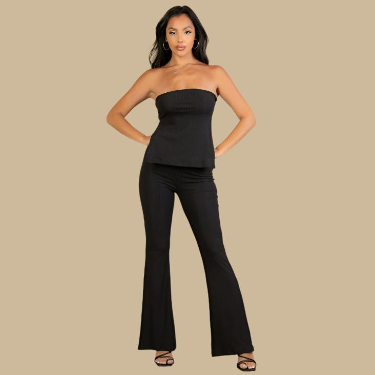 Ribbed Side Slit Bandeau Top & Flare Pants Set