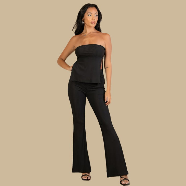Ribbed Side Slit Bandeau Top & Flare Pants Set
