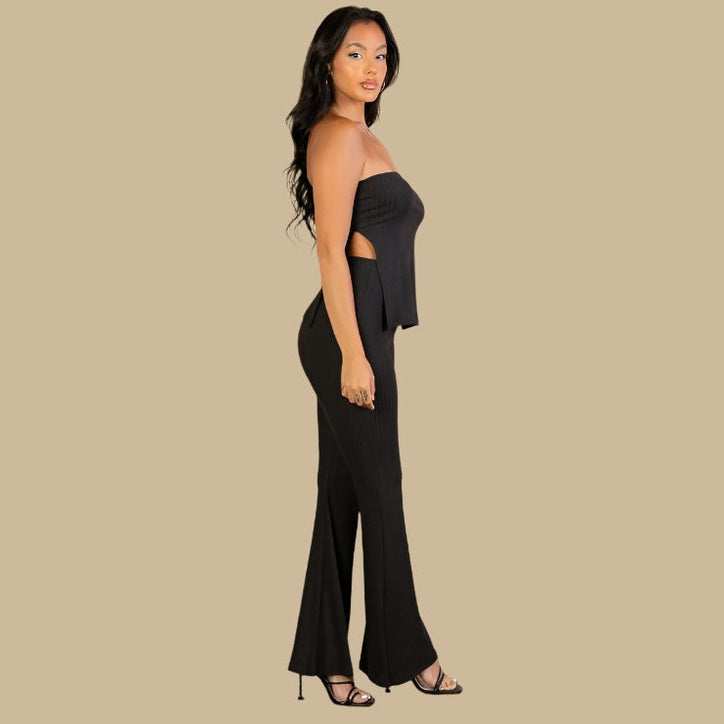 Ribbed Side Slit Bandeau Top & Flare Pants Set