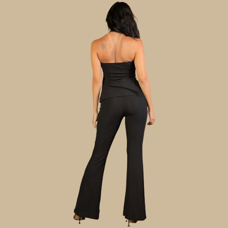 Ribbed Side Slit Bandeau Top & Flare Pants Set