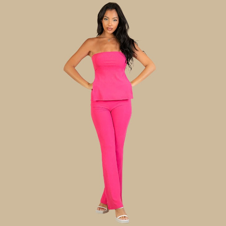 Ribbed Side Slit Bandeau Top & Flare Pants Set