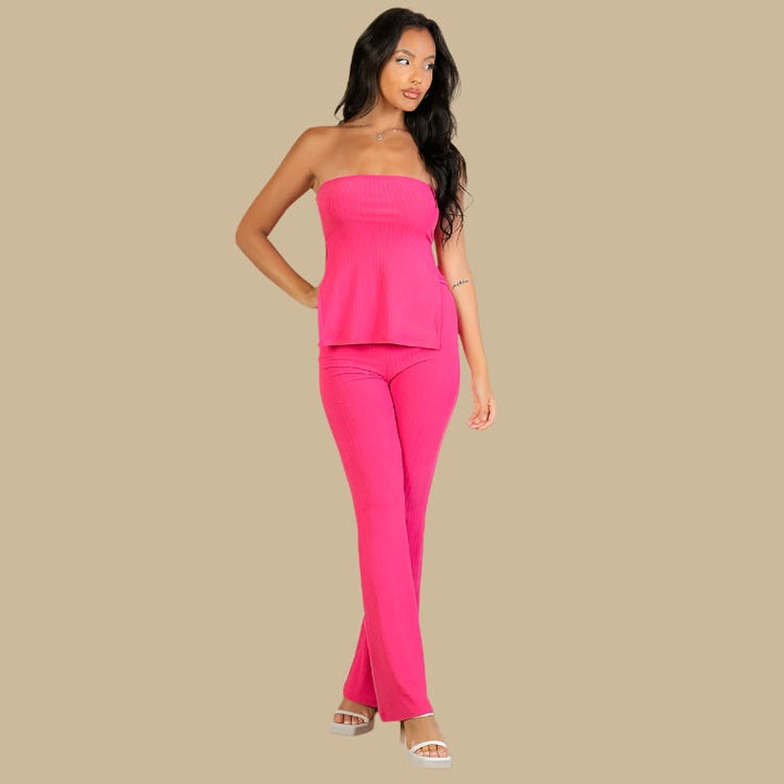 Ribbed Side Slit Bandeau Top & Flare Pants Set
