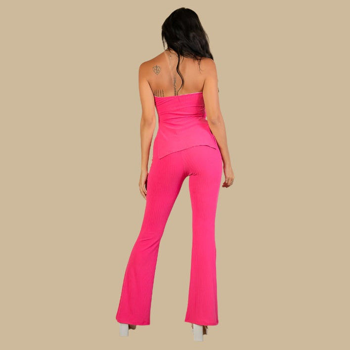 Ribbed Side Slit Bandeau Top & Flare Pants Set