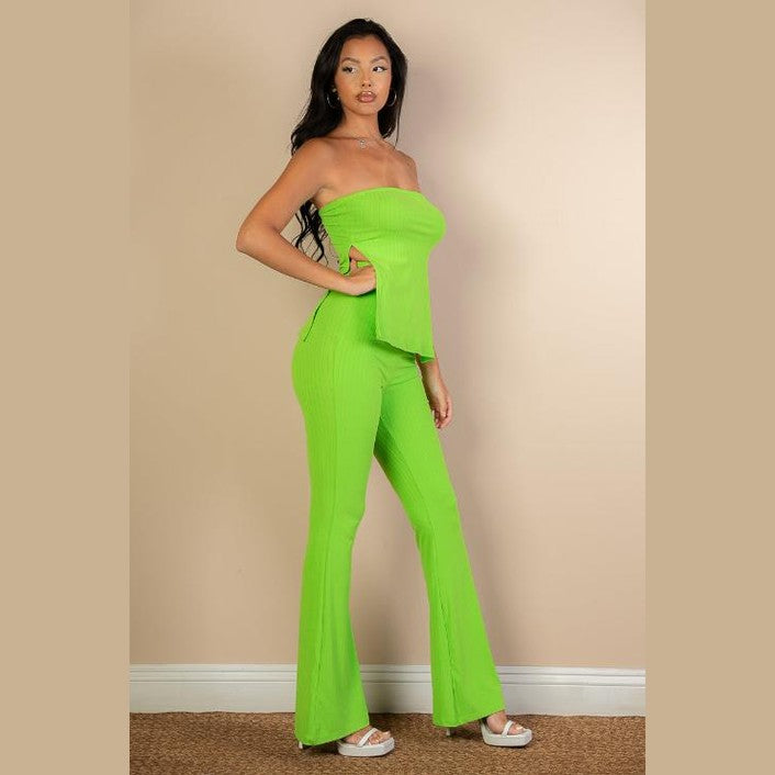 Ribbed Side Slit Bandeau Top & Flare Pants Set