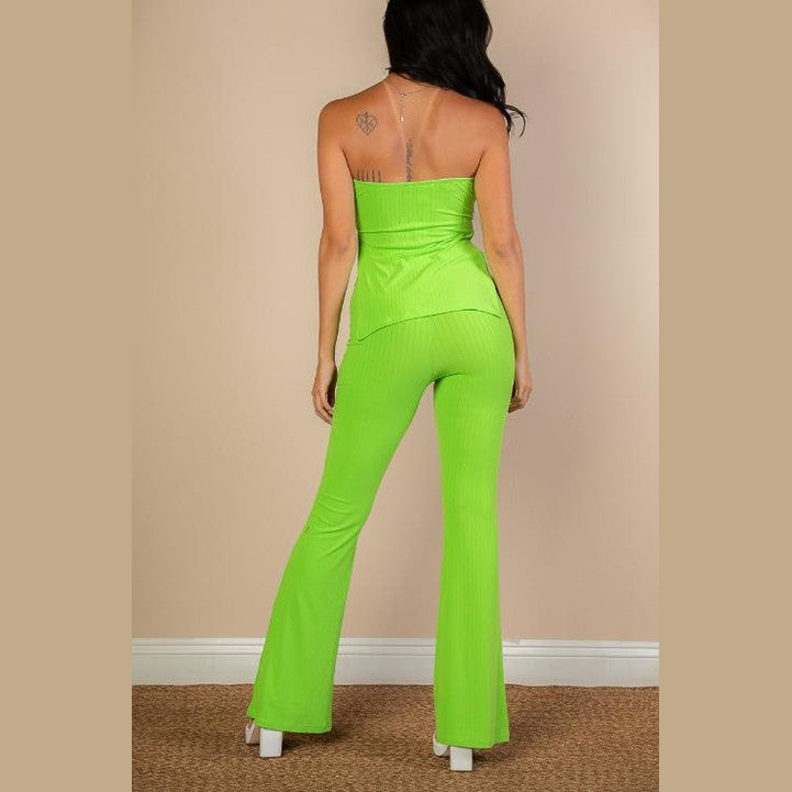 Ribbed Side Slit Bandeau Top & Flare Pants Set