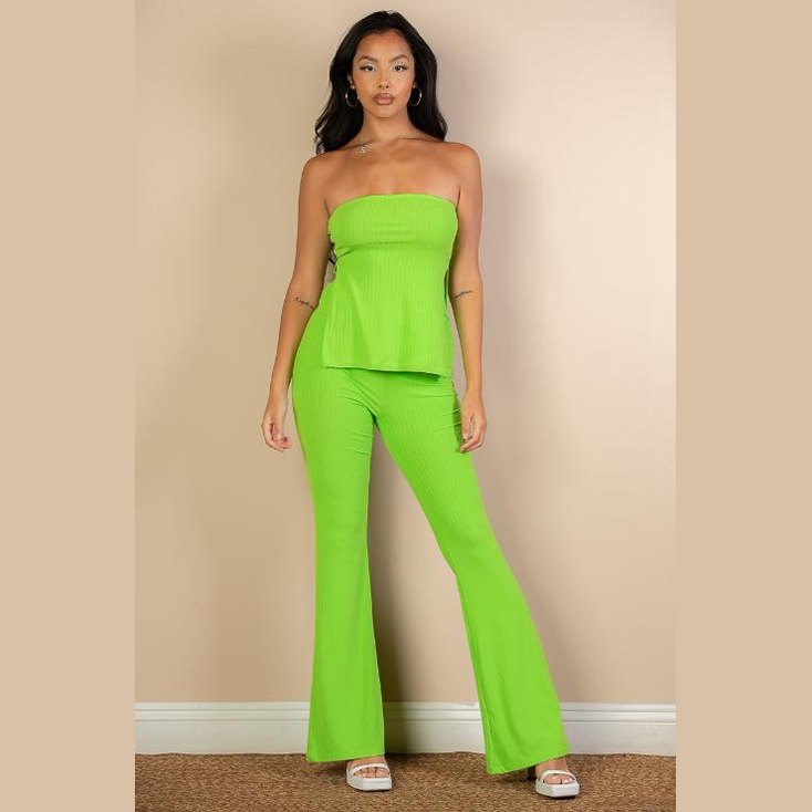 Ribbed Side Slit Bandeau Top & Flare Pants Set