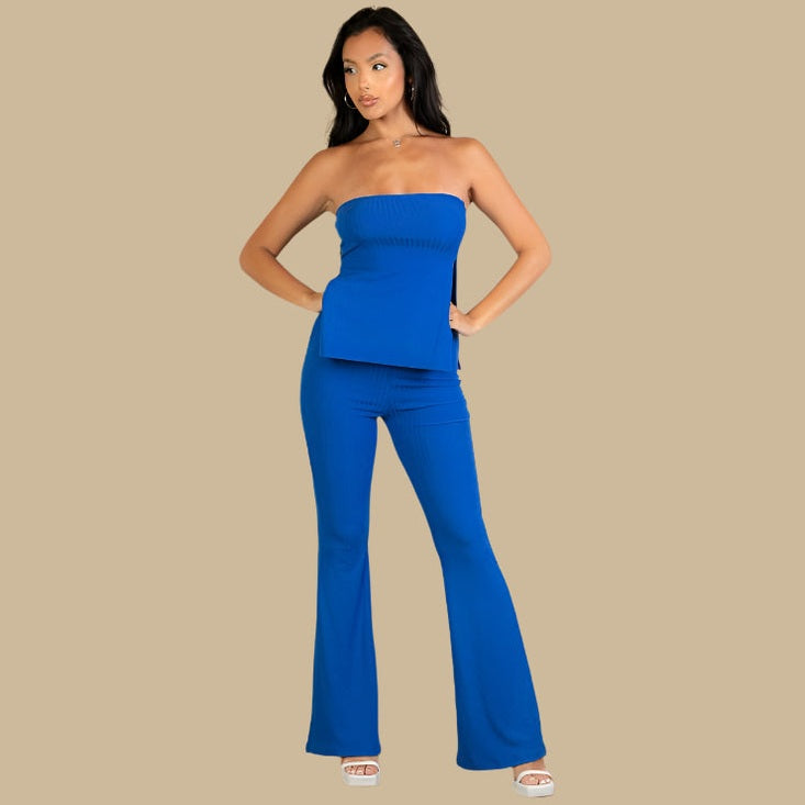 Ribbed Side Slit Bandeau Top & Flare Pants Set