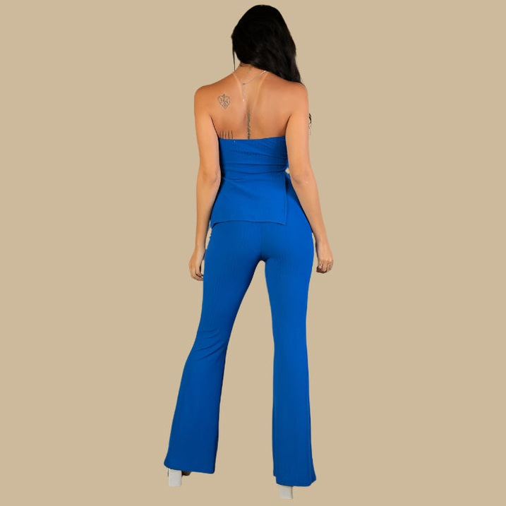 Ribbed Side Slit Bandeau Top & Flare Pants Set