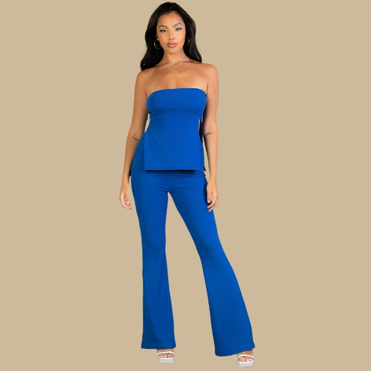 Ribbed Side Slit Bandeau Top & Flare Pants Set