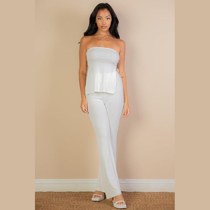 Ribbed Side Slit Bandeau Top & Flare Pants Set