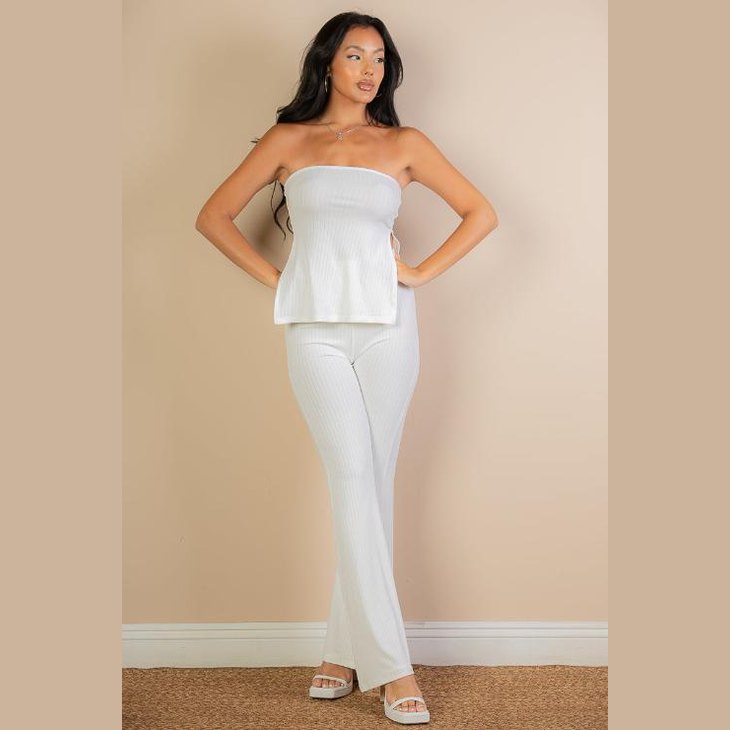Ribbed Side Slit Bandeau Top & Flare Pants Set