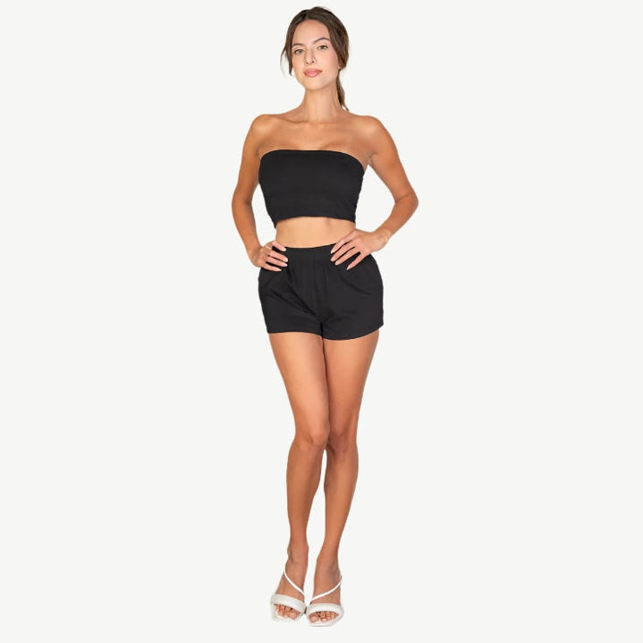 Simple Solid Color Tube Top and Shorts Two Piece Set