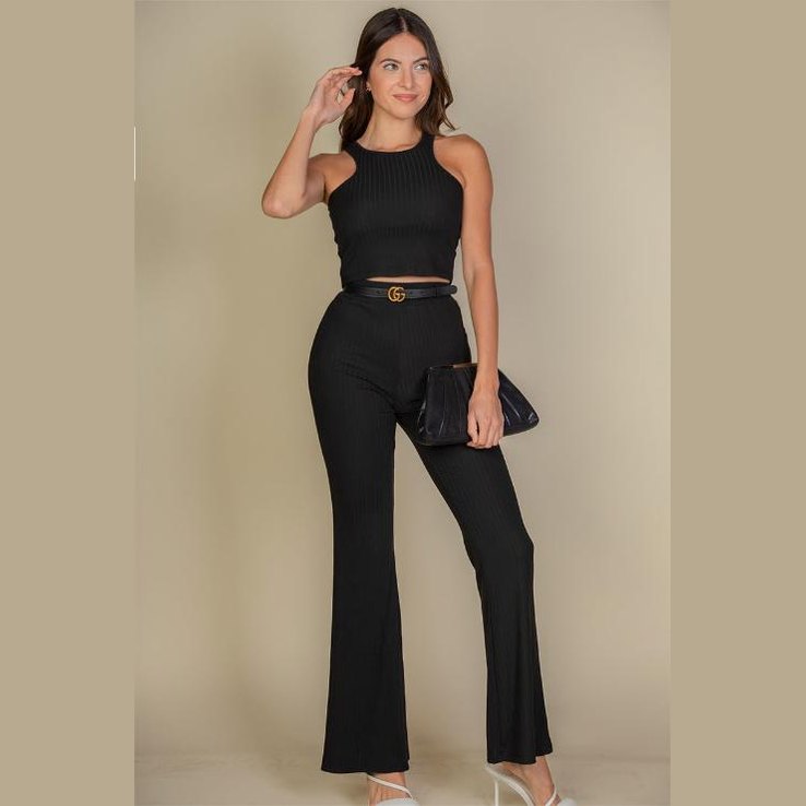 Ribbed Cropped Top and Bootcut Pants Sets