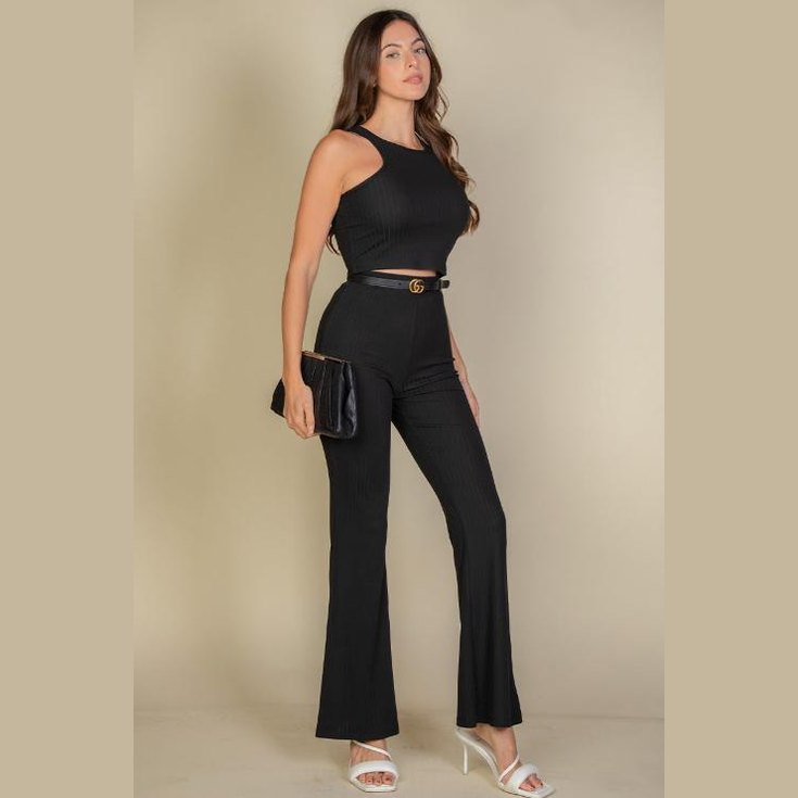 Ribbed Cropped Top and Bootcut Pants Sets