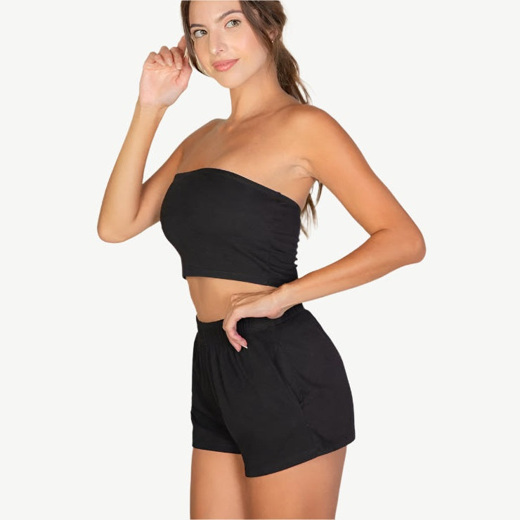 Simple Solid Color Tube Top and Shorts Two Piece Set