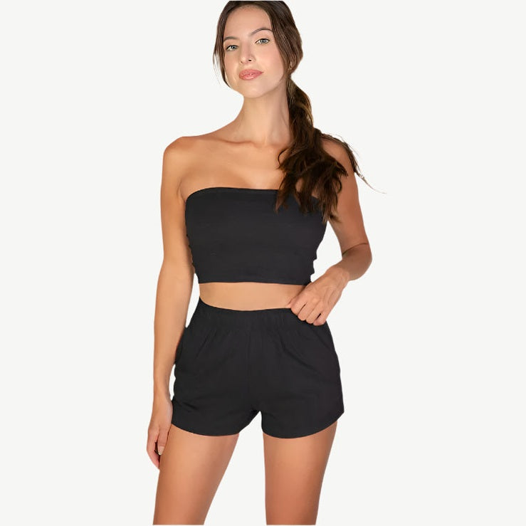 Simple Solid Color Tube Top and Shorts Two Piece Set