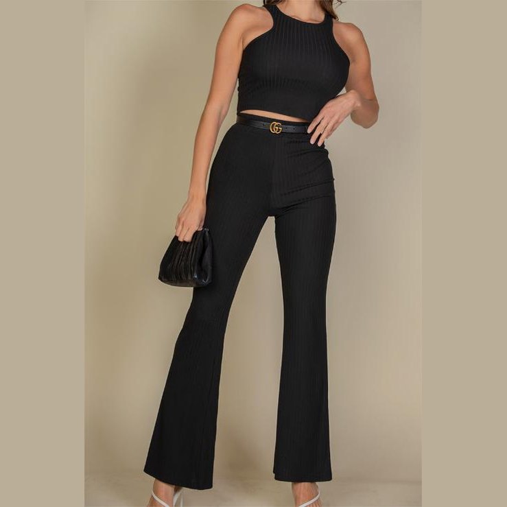 Ribbed Cropped Top and Bootcut Pants Sets