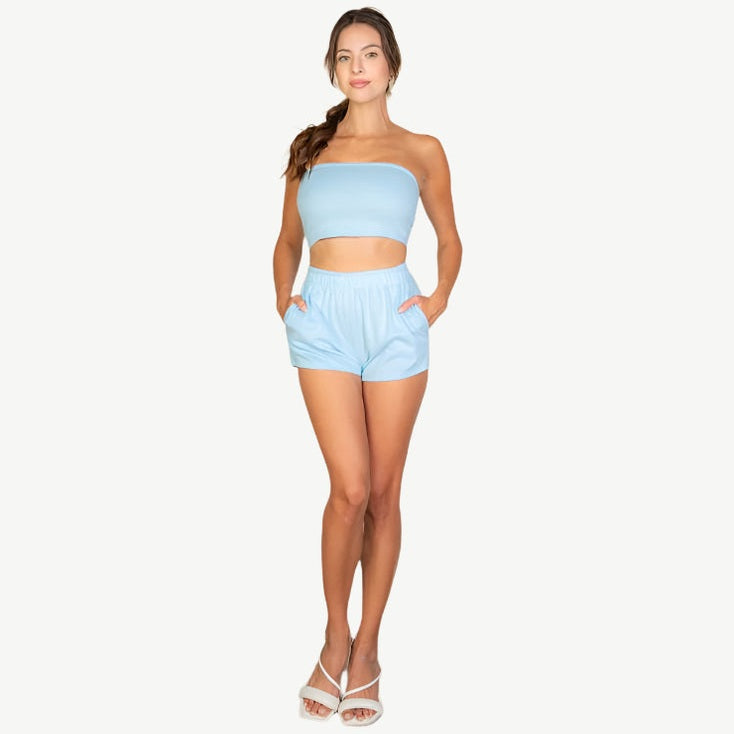 Simple Solid Color Tube Top and Shorts Two Piece Set