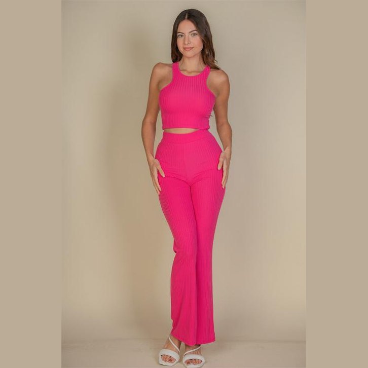 Ribbed Cropped Top and Bootcut Pants Sets