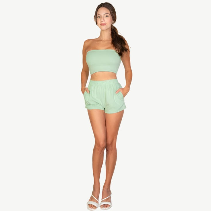 Simple Solid Color Tube Top and Shorts Two Piece Set