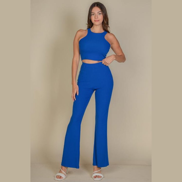Ribbed Cropped Top and Bootcut Pants Sets