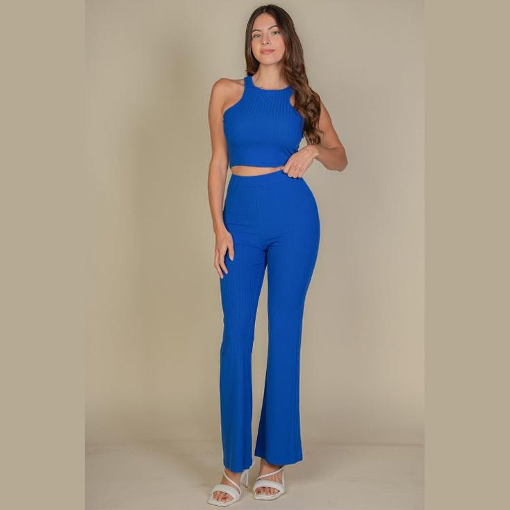Ribbed Cropped Top and Bootcut Pants Sets
