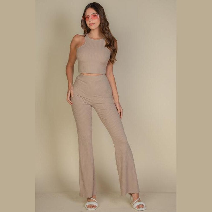 Ribbed Cropped Top and Bootcut Pants Sets