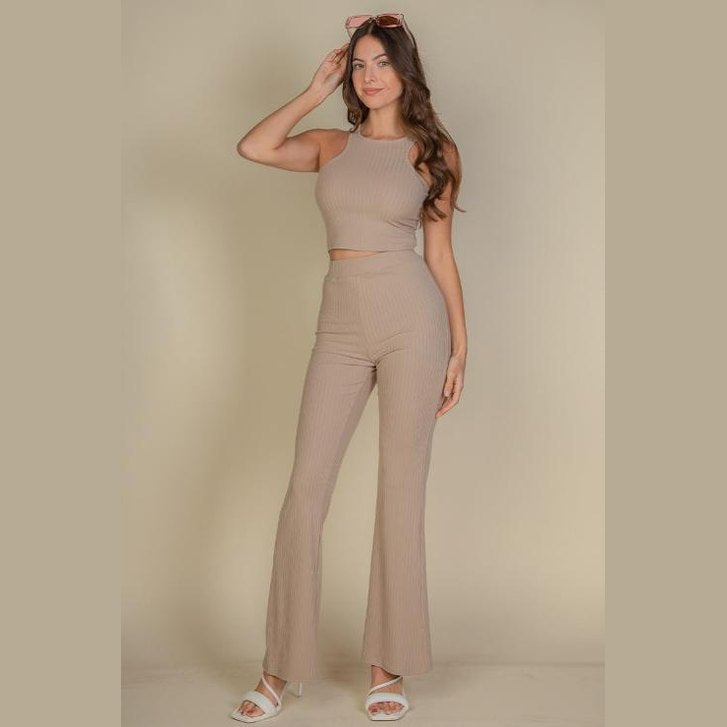 Ribbed Cropped Top and Bootcut Pants Sets
