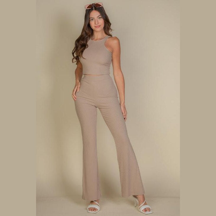 Ribbed Cropped Top and Bootcut Pants Sets