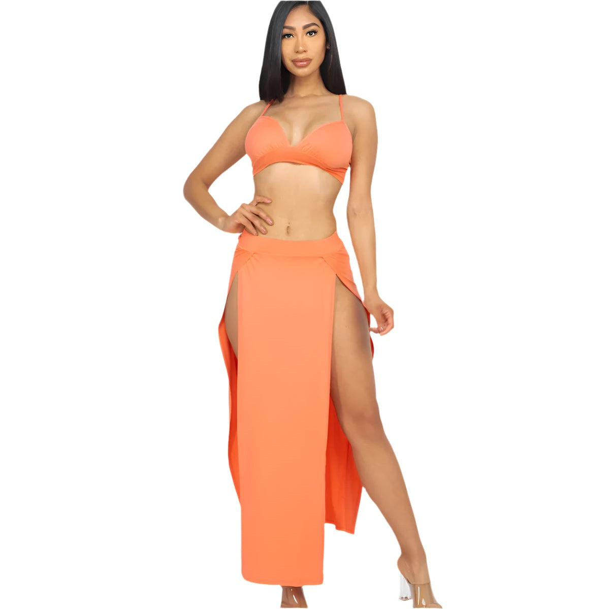 Bra top and side slit maxi skirt