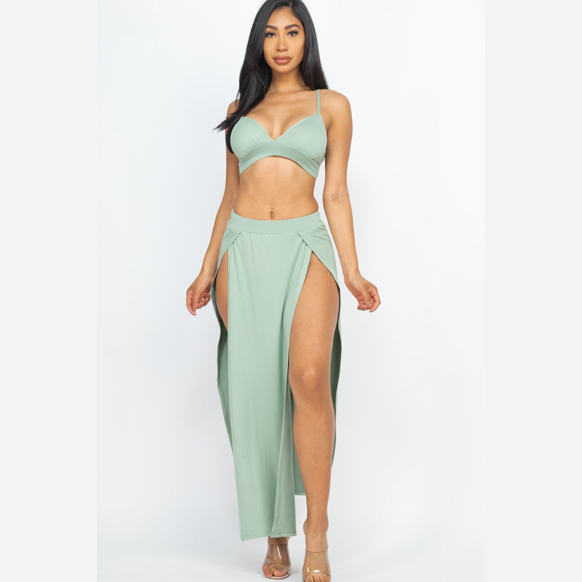 Bra top and side slit maxi skirt