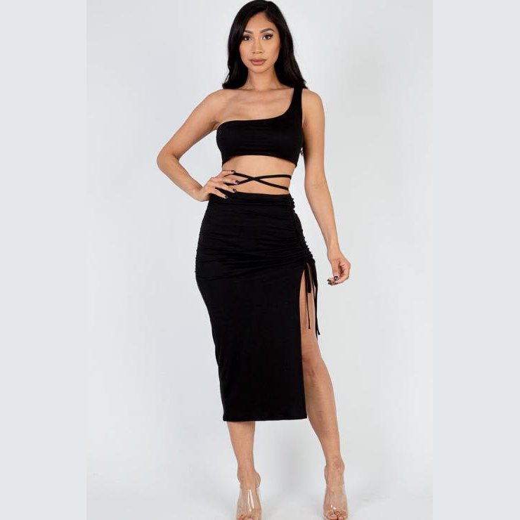 Sexy Solid Color One Shoulder Crop Top & Drawstring Ruched Crisscross Tie Back Side Slit Hem Skirt Set