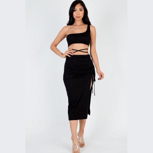Sexy Solid Color One Shoulder Crop Top & Drawstring Ruched Crisscross Tie Back Side Slit Hem Skirt Set