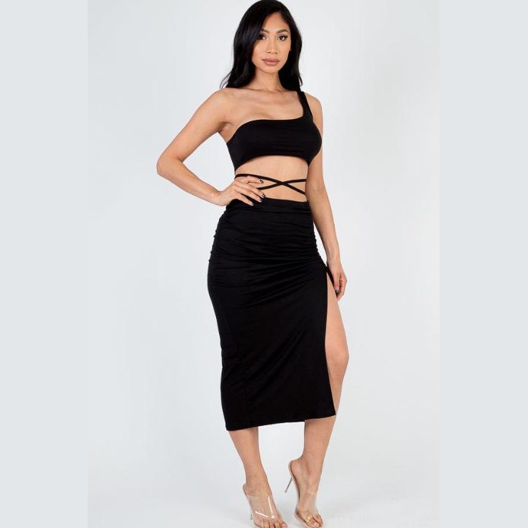 Sexy Solid Color One Shoulder Crop Top & Drawstring Ruched Crisscross Tie Back Side Slit Hem Skirt Set