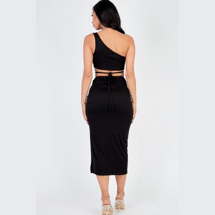 Sexy Solid Color One Shoulder Crop Top & Drawstring Ruched Crisscross Tie Back Side Slit Hem Skirt Set